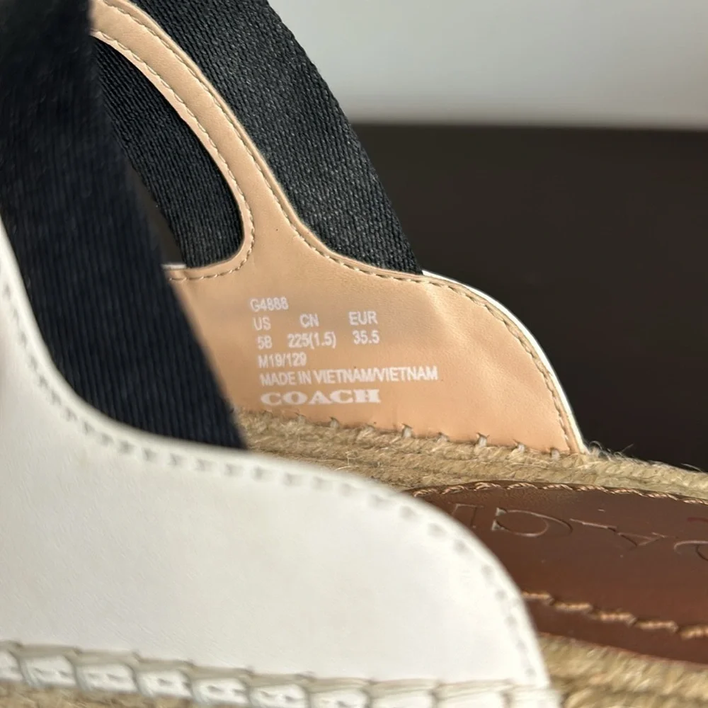COACH Devon Espadrille Sandal Leather Slip On Slide Shoe Black White Sz 5 NEW